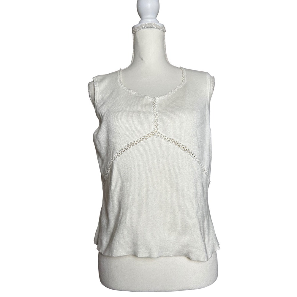 Gloria Vanderbilt Women's White Knit Tank Top Coquette Festival Boho Cotton L‎